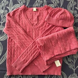 J.Crew cable-knit v neck sweater, matching scarf and hat set.